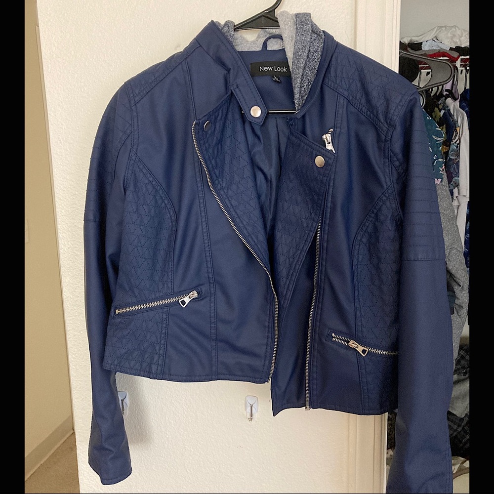 Navy blue leather jacket with hood